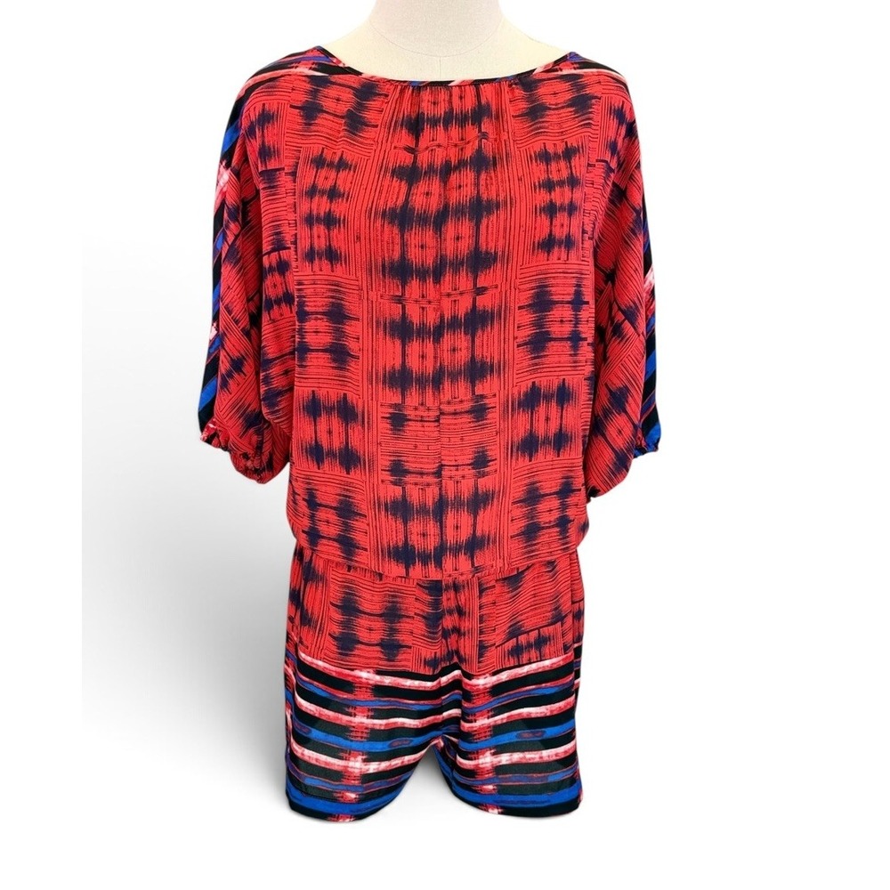 BCBGMAXAZRIA Lucille Red Blue Lightweight Romper Womens Size M Dolman Sleeve